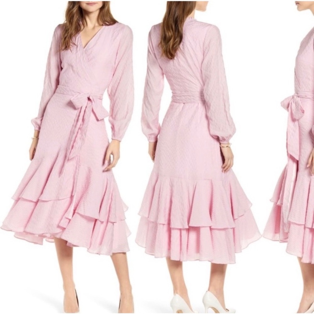 Rachel Parcell Pink Coquette Cottagecore Ruffle Wrap Long Sleeve Dress S